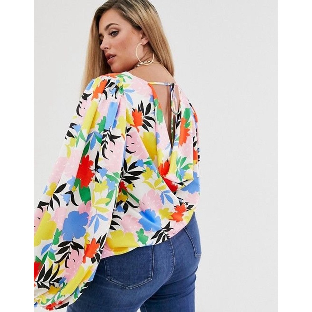 ASOS Floral Print Open Cowl Back Balloon Sleeve Satin Blouse Multi Color Size 8